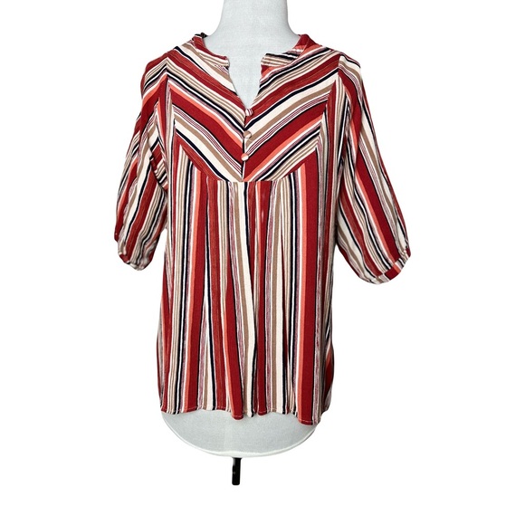 Umgee | Red Multi Stripe Hi-Lo V-Neck Top, Small - Picture 1 of 6